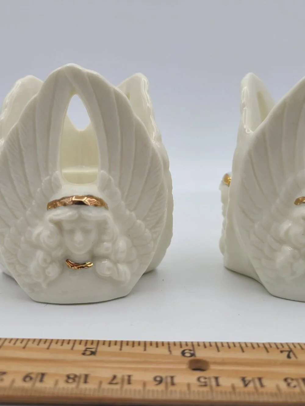 Pair of Porcelain Angels Trio Candlestick Holder Gold Accents Taiwan R.O.C.
